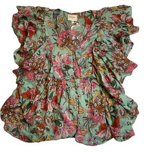 Haute Hippie Tribe 'Karen' Printed Flutter-Sleeve Blouse Size Small Boho Peasant